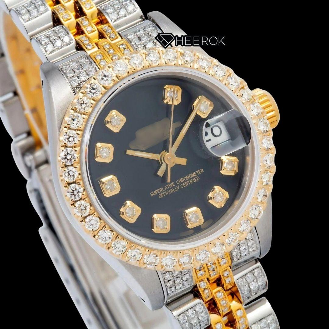 Rolex Datejust Black Dial Diamond Markers Large Diamond Bezel Two Tone Yellow Gold Moissanite Diamond Jubilee Bracelet For Women