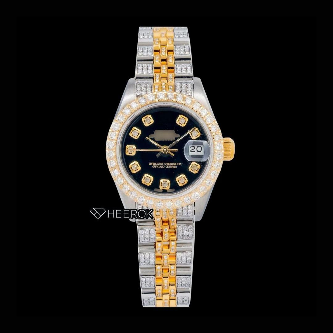 Rolex Datejust Black Dial Diamond Markers Large Diamond Bezel Two Tone Yellow Gold Moissanite Diamond Jubilee Bracelet For Women