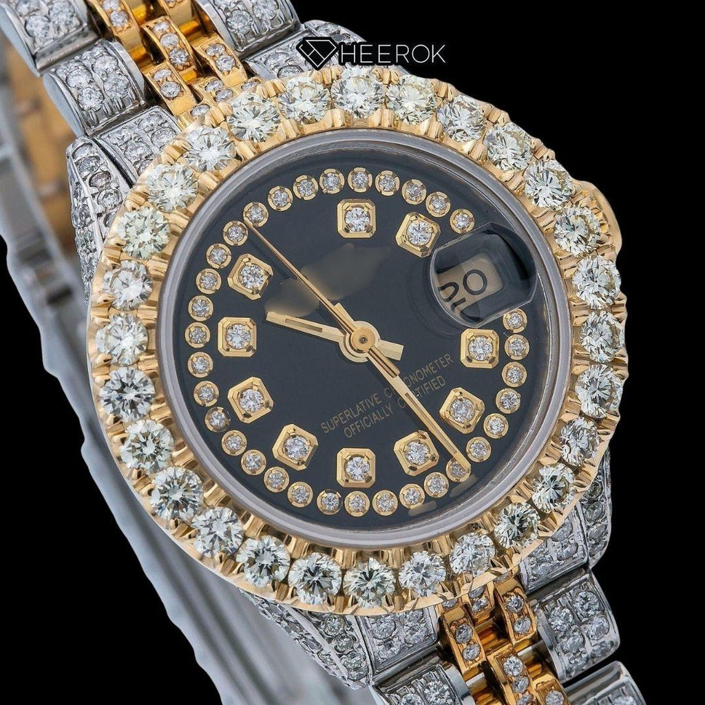 Rolex Datejust Black Dial Diamond Markers Large Round Diamond Bezel Two Tone Yellow Gold Moissanite Diamond Jubilee Bracelet For Women