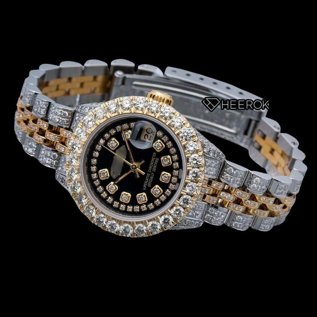 Rolex Datejust Black Dial Diamond Markers Large Round Diamond Bezel Two Tone Yellow Gold Moissanite Diamond Jubilee Bracelet For Women