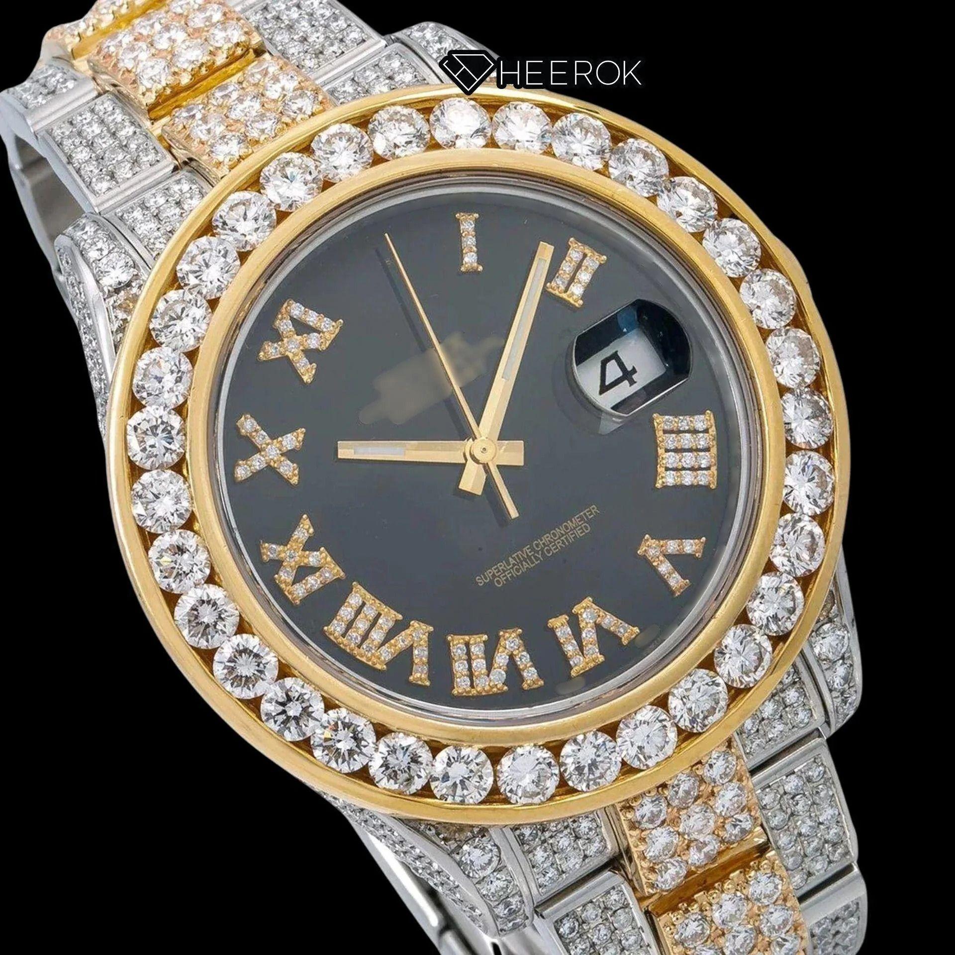 Rolex Datejust Black Dial Roman Diamond Numerals Diamond Bezel Two Tone Yellow Gold Fully Iced Moissanite Diamond Oyster Bracelet