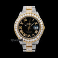 Rolex Datejust Black Dial Roman Diamond Numerals Diamond Bezel Two Tone Yellow Gold Fully Iced Moissanite Diamond Oyster Bracelet