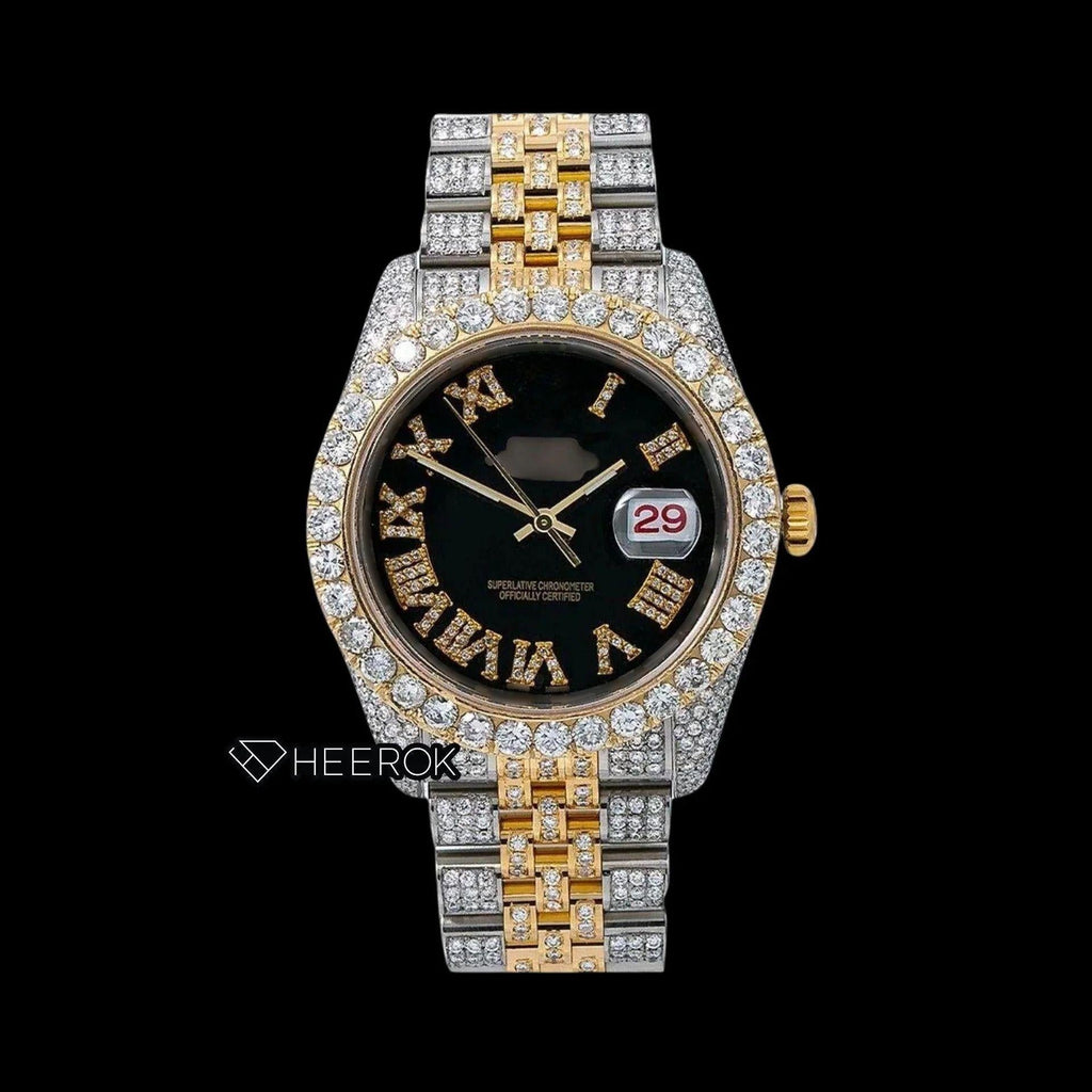 Rolex Datejust Black Dial Roman Diamond Numerals Diamond Bezel Two Tone Yellow Gold Iced Out Moissanite Diamond Jubilee Bracelet For Women
