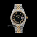 Rolex Datejust Black Dial Roman Diamond Numerals Diamond Bezel Two Tone Yellow Gold Iced Out Moissanite Diamond Jubilee Bracelet For Women