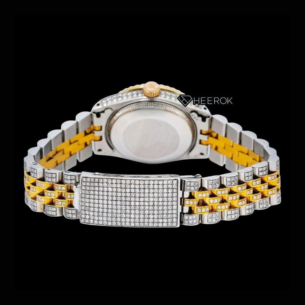 Rolex Datejust Black Dial Roman Diamond Numerals Diamond Bezel Two Tone Yellow Gold Moissanite Diamond Jubilee Bracelet For Women