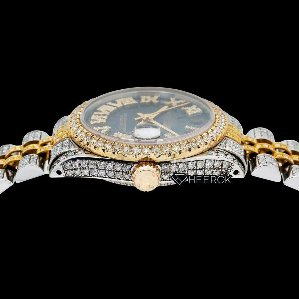 Rolex Datejust Black Dial Roman Diamond Numerals Diamond Bezel Two Tone Yellow Gold Moissanite Diamond Jubilee Bracelet For Women