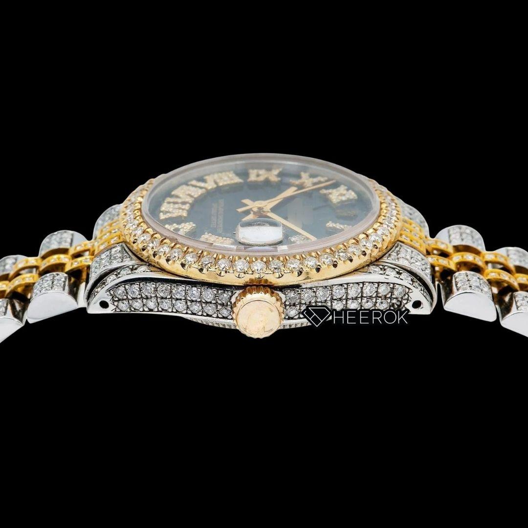 Rolex Datejust Black Dial Roman Diamond Numerals Diamond Bezel Two Tone Yellow Gold Moissanite Diamond Jubilee Bracelet For Women