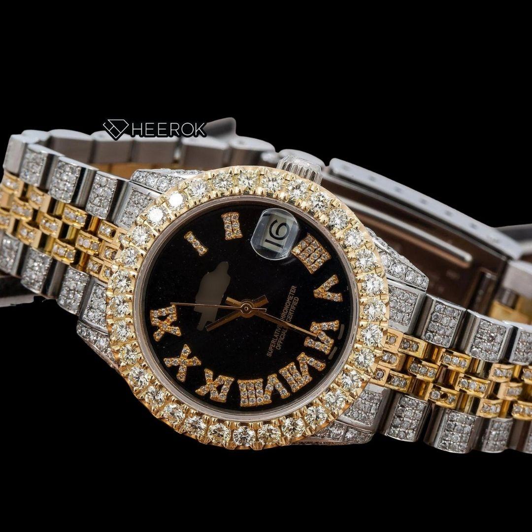 Rolex Datejust Black Dial Roman Diamond Numerals Large Diamond Bezel Two Tone Yellow Gold Moissanite Diamond Jubilee Bracelet For Women