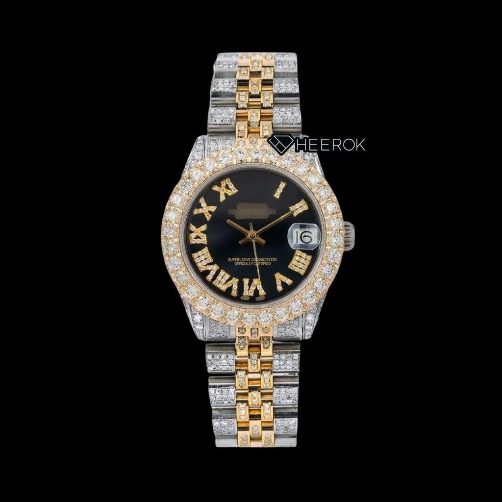 Rolex Datejust Black Dial Roman Diamond Numerals Large Diamond Bezel Two Tone Yellow Gold Moissanite Diamond Jubilee Bracelet For Women