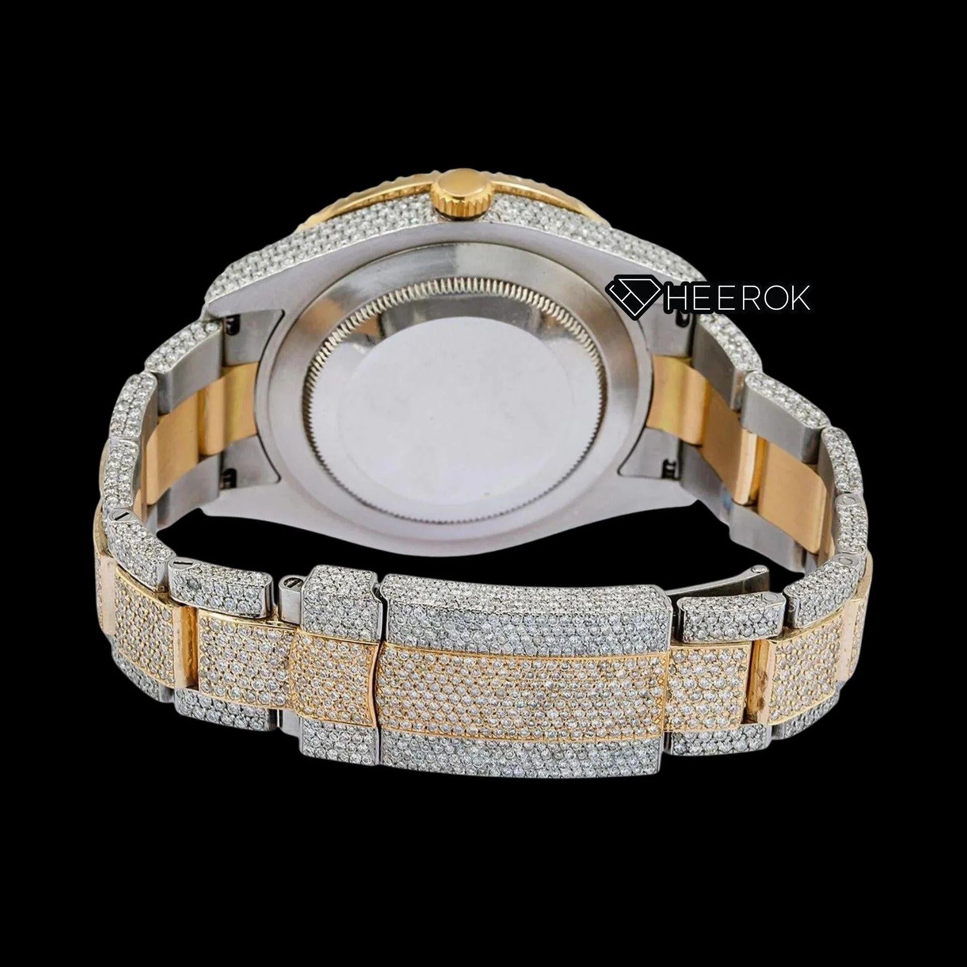 Rolex Datejust Black Dial Standard Numerals Large Round Diamond Bezel Two Tone Yellow Gold Fully Iced Moissanite Diamond Oyster Bracelet Watch