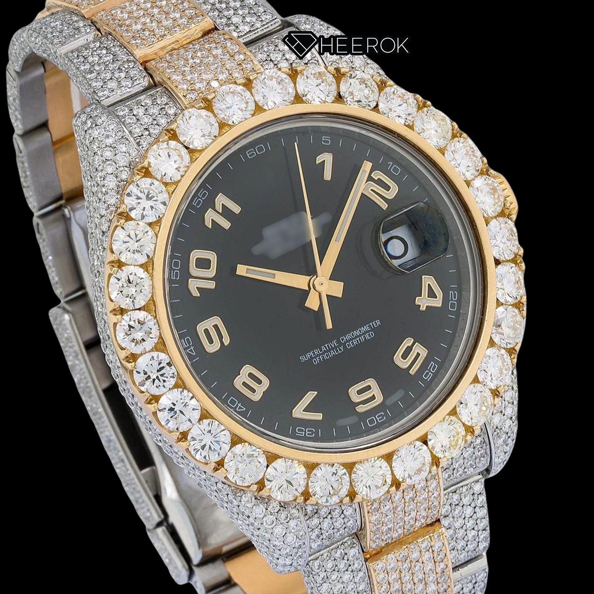 Rolex Datejust Black Dial Standard Numerals Large Round Diamond Bezel Two Tone Yellow Gold Fully Iced Moissanite Diamond Oyster Bracelet Watch