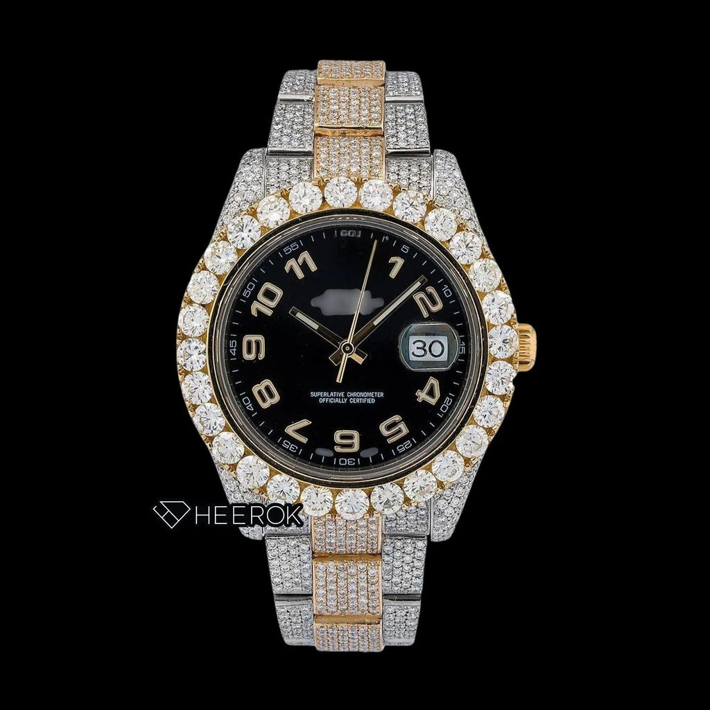 Rolex Datejust Black Dial Standard Numerals Large Round Diamond Bezel Two Tone Yellow Gold Fully Iced Moissanite Diamond Oyster Bracelet Watch