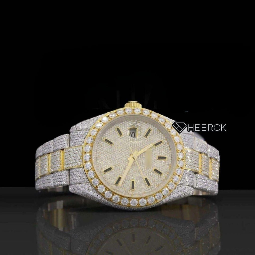 Rolex Datejust Black Stick Markers Dial Diamond Bezel Two Tone Yellow Gold Iced Out Moissanite Diamond Oyster Bracelet
