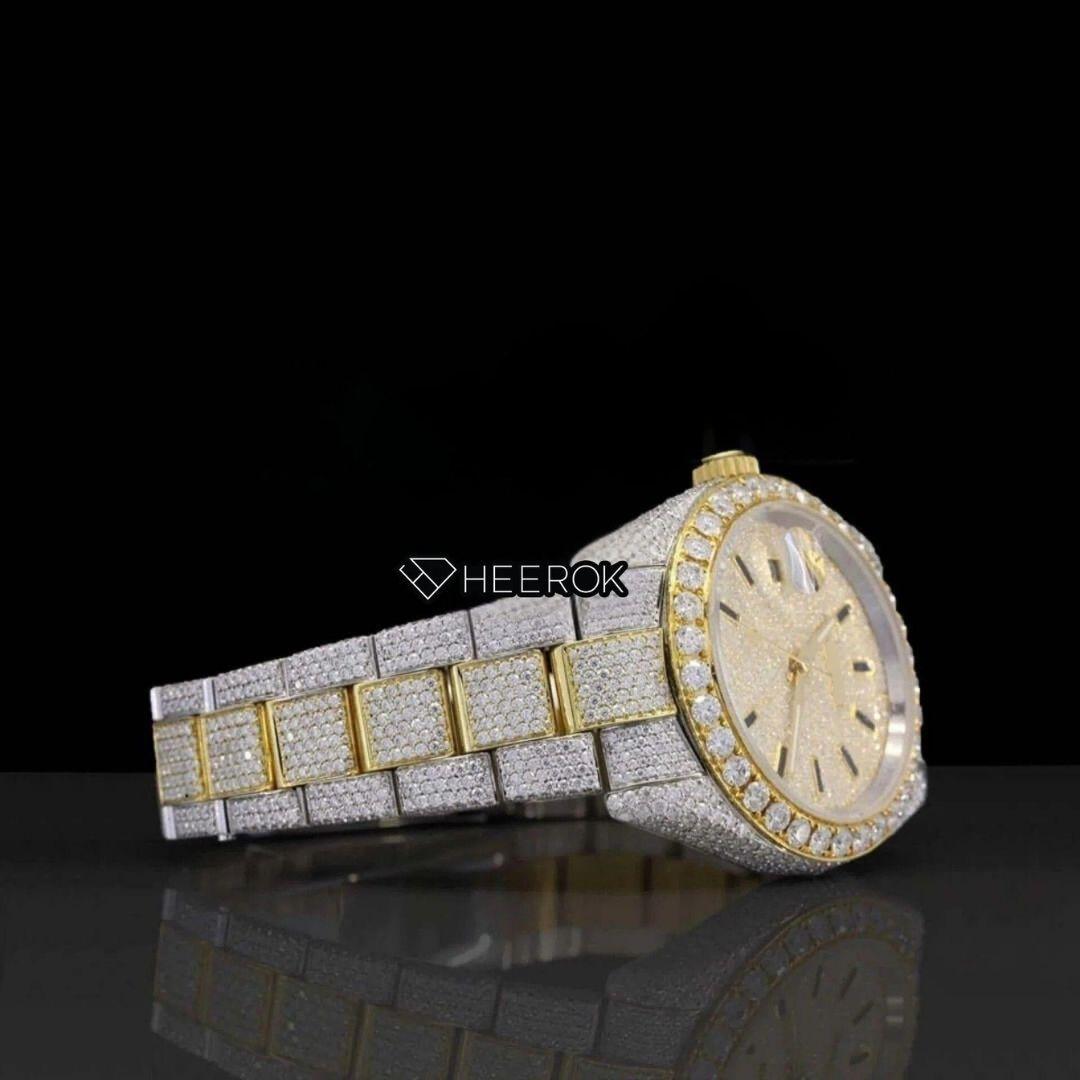 Rolex Datejust Black Stick Markers Dial Diamond Bezel Two Tone Yellow Gold Iced Out Moissanite Diamond Oyster Bracelet