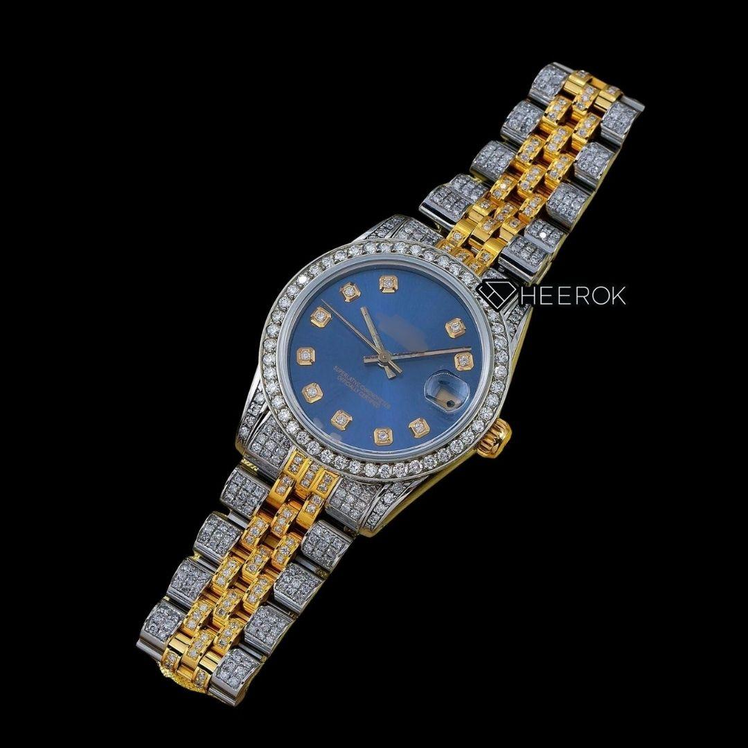Rolex Datejust Blue Dial Diamond Markers Diamond Bezel Two Tone Yellow Gold Moissanite Diamond Jubilee Bracelet For Women