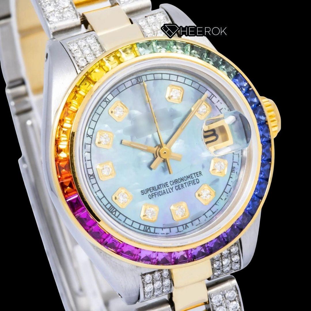 Rolex Datejust Blue Dial Diamond Markers Rainbow Diamond Bezel Two Tone Yellow Gold Moissanite Diamond Oyster Bracelet For Women