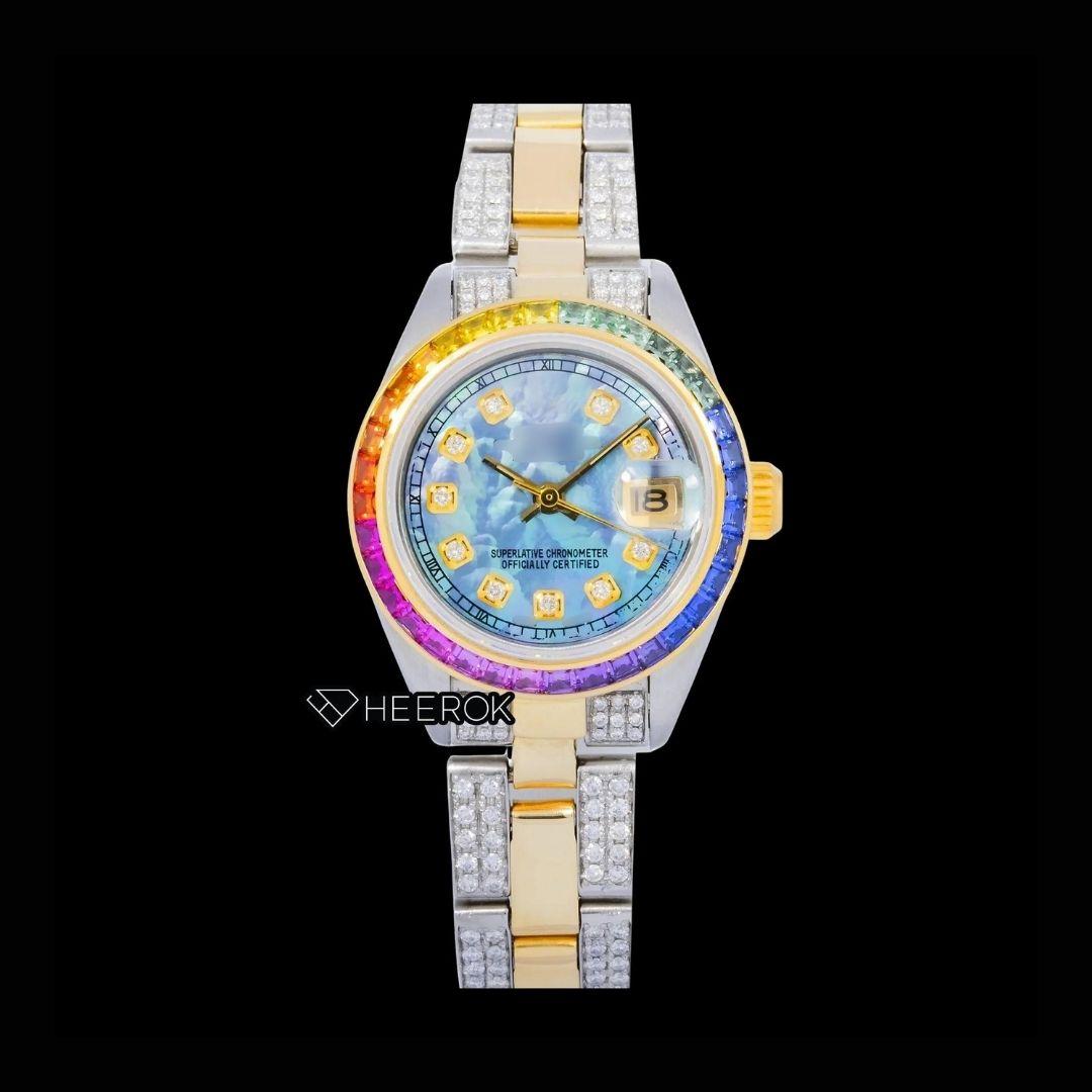 Rolex Datejust Blue Dial Diamond Markers Rainbow Diamond Bezel Two Tone Yellow Gold Moissanite Diamond Oyster Bracelet For Women