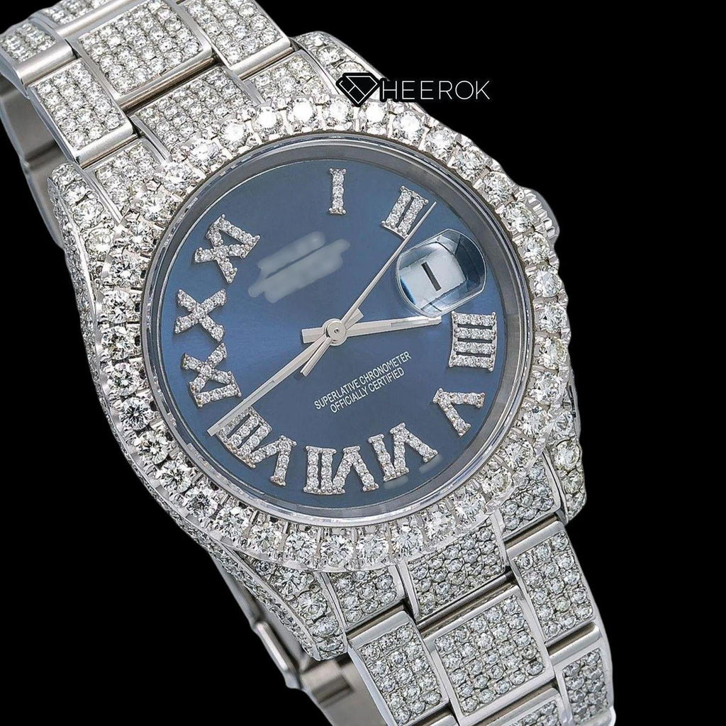 Rolex Datejust Blue Dial Roman Diamond Numerals Diamond Bezel Fully Iced Moissanite Diamond Oyster Bracelet For Women