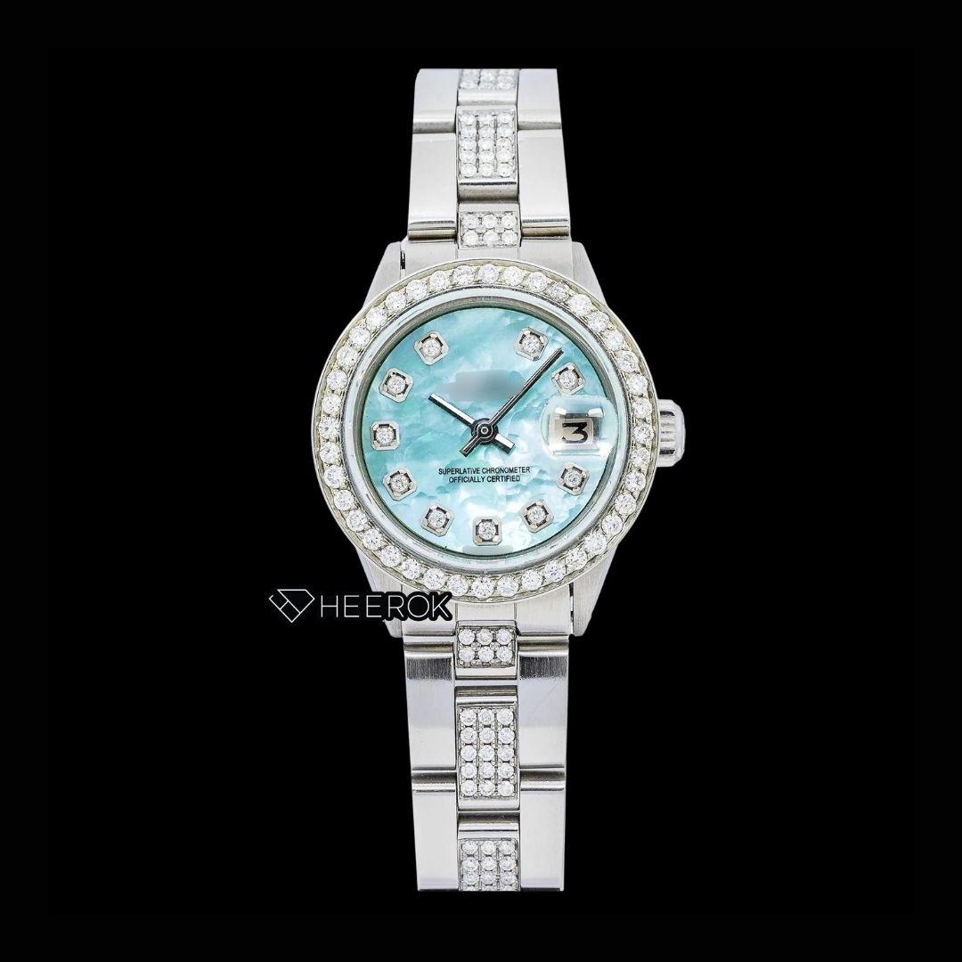 Rolex Datejust Blue Mother of Pearl Dial Diamond Markers Diamond Bezel Semi Iced Moissanite Diamond Oyster Bracelet For Women