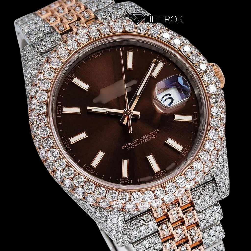 Rolex Datejust Brown Dial White Stick Markers Diamond Bezel Two Tone Rose Gold Fully Iced Moissanite Diamond Jubilee Bracelet For Women