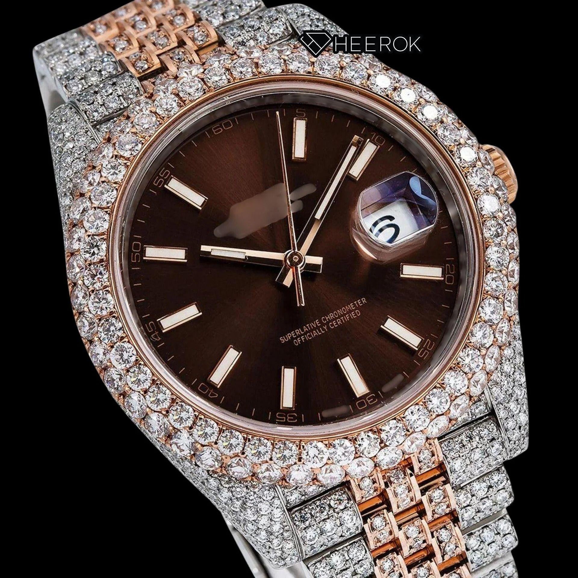 Rolex Datejust Brown Dial White Stick Markers Diamond Bezel Two Tone Rose Gold Fully Iced Moissanite Diamond Jubilee Bracelet For Women