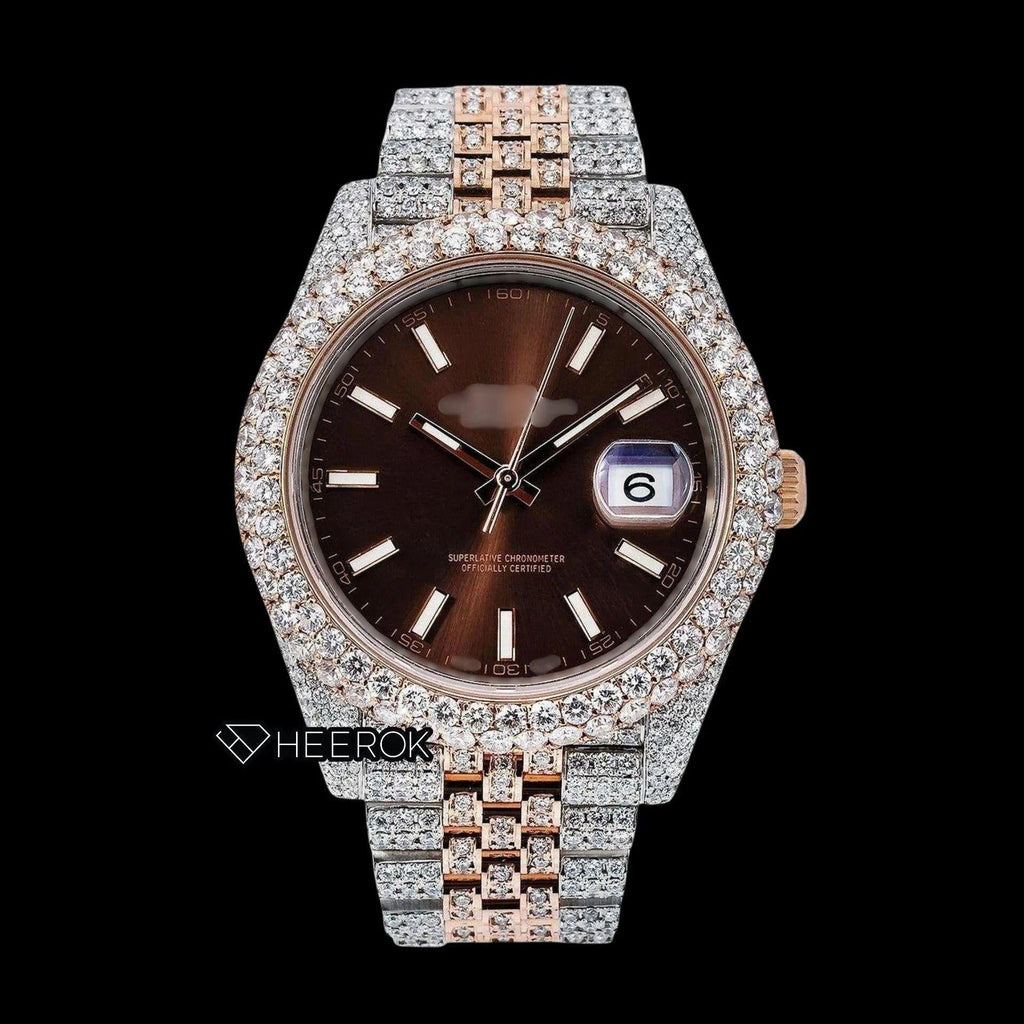 Rolex Datejust Brown Dial White Stick Markers Diamond Bezel Two Tone Rose Gold Fully Iced Moissanite Diamond Jubilee Bracelet For Women