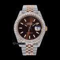 Rolex Datejust Brown Dial White Stick Markers Diamond Bezel Two Tone Rose Gold Fully Iced Moissanite Diamond Jubilee Bracelet For Women