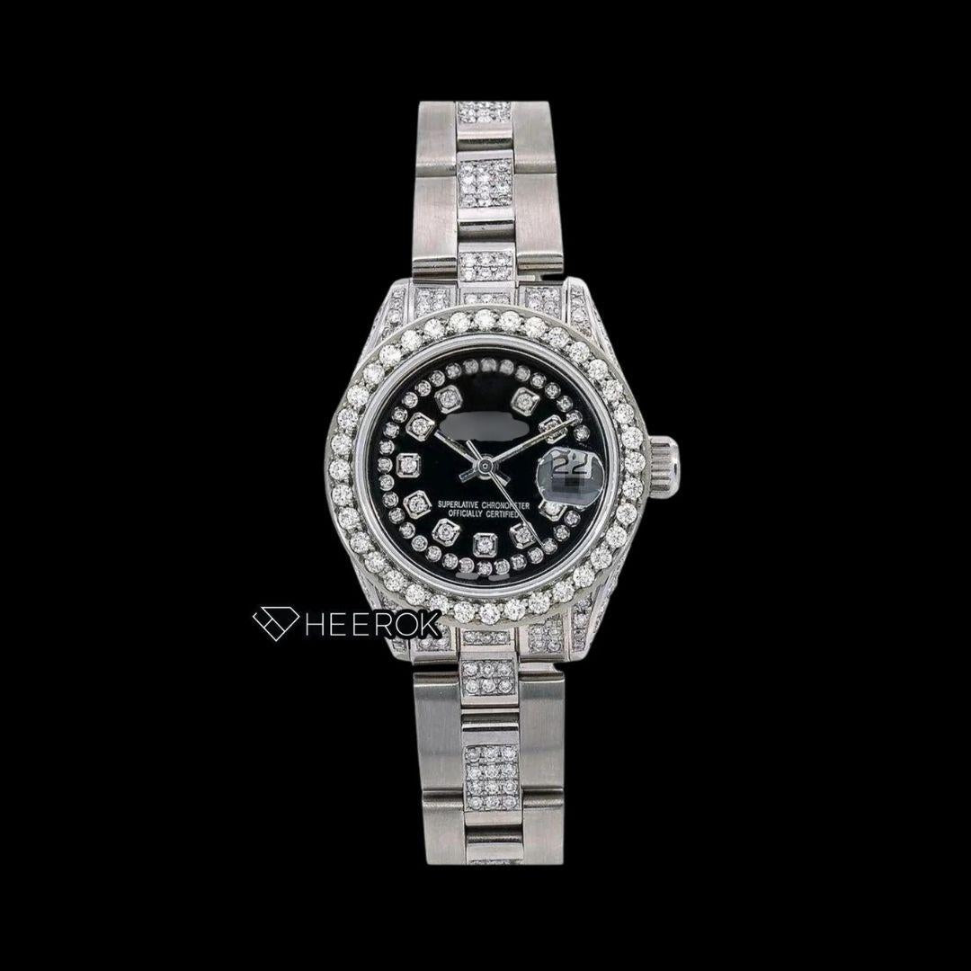 Rolex Datejust Diamond Markers Black Dial Diamond Bezel Semi Iced Moissanite Diamond Oyster Bracelet For Women