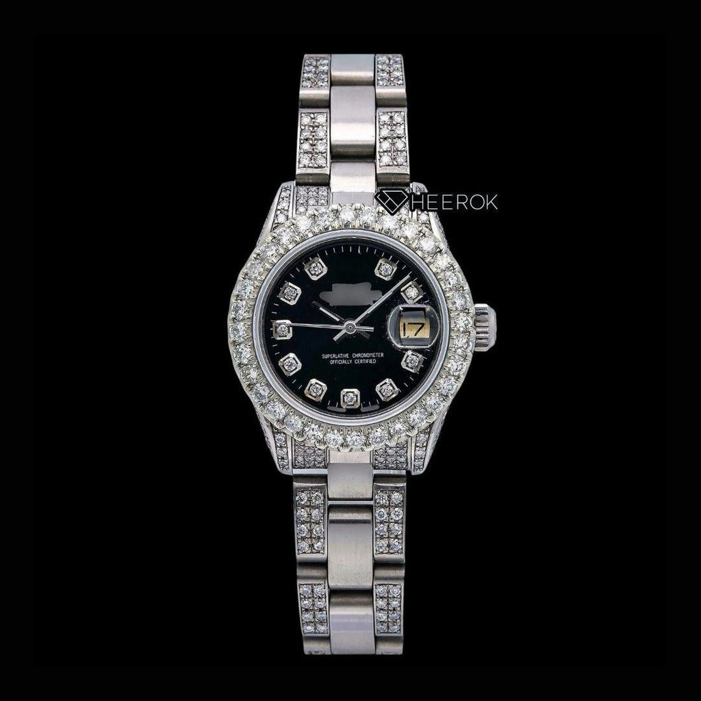 Rolex Datejust Diamond Markers Black Dial Large Diamond Bezel Semi Iced Moissanite Diamond Oyster Bracelet  For Women