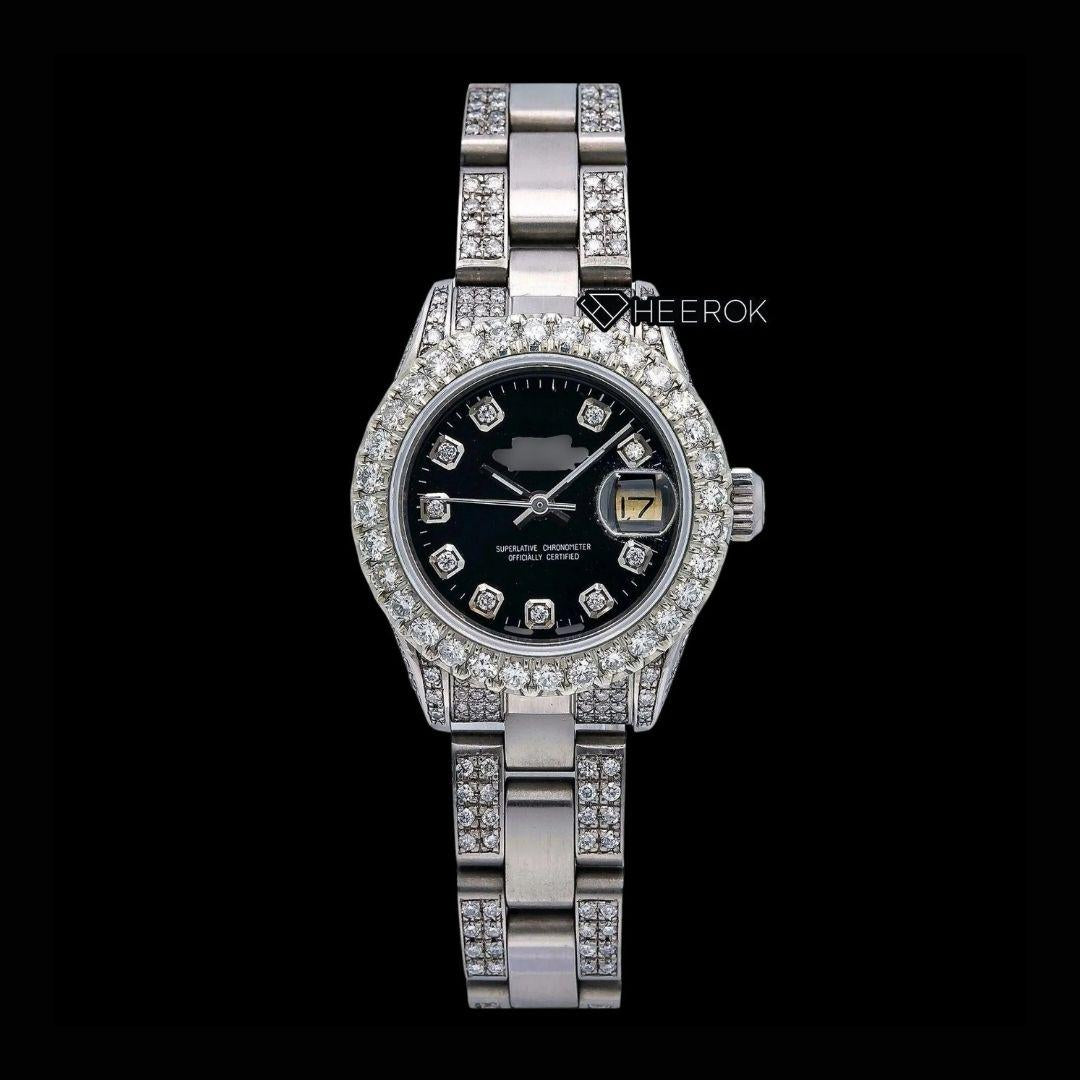 Rolex Datejust Diamond Markers Black Dial Large Diamond Bezel Semi Iced Moissanite Diamond Oyster Bracelet  For Women