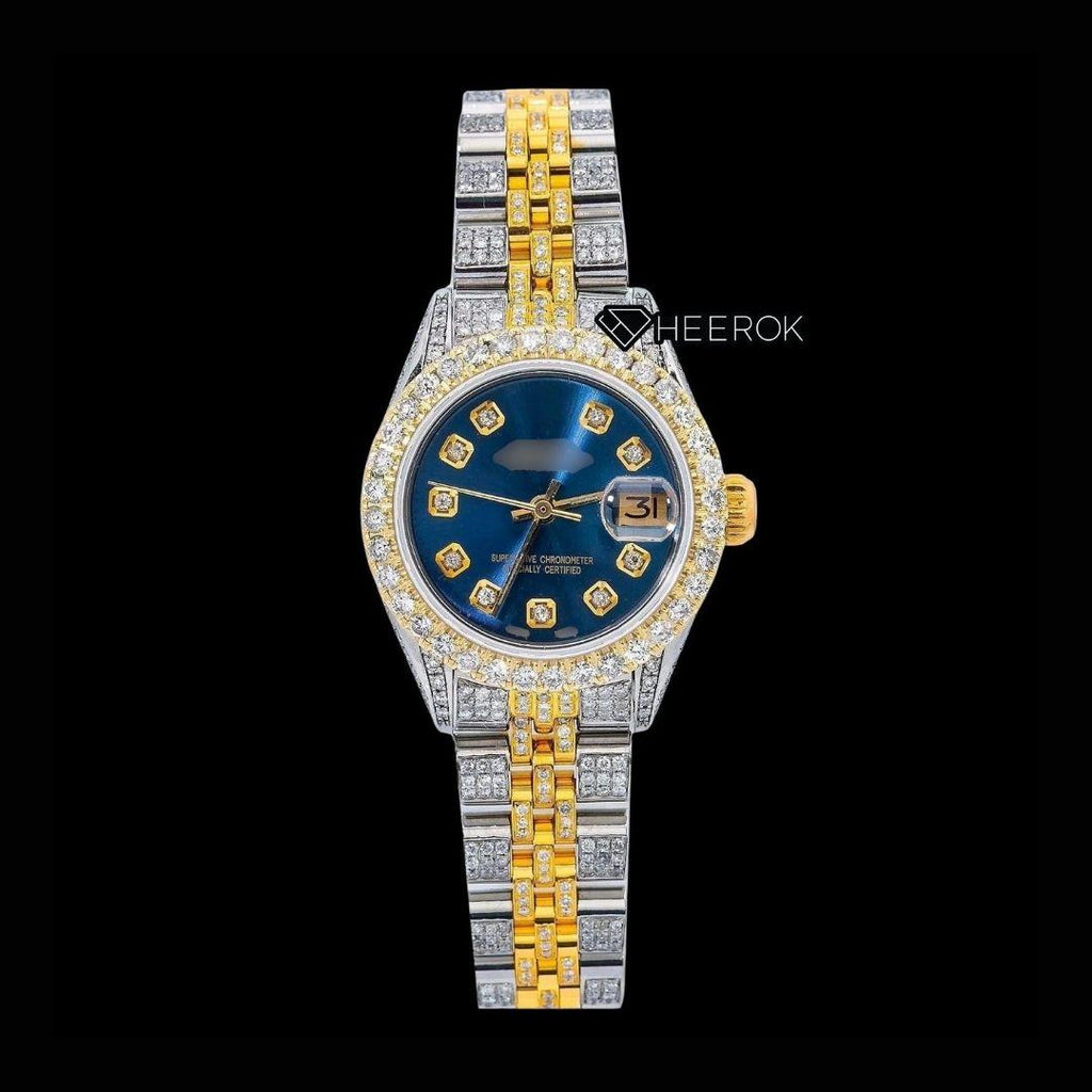 Rolex Datejust Diamond Markers Blue Dial Large Diamond Bezel Two Tone Yellow Gold Moissanite Diamond Jubilee Bracelet For Women