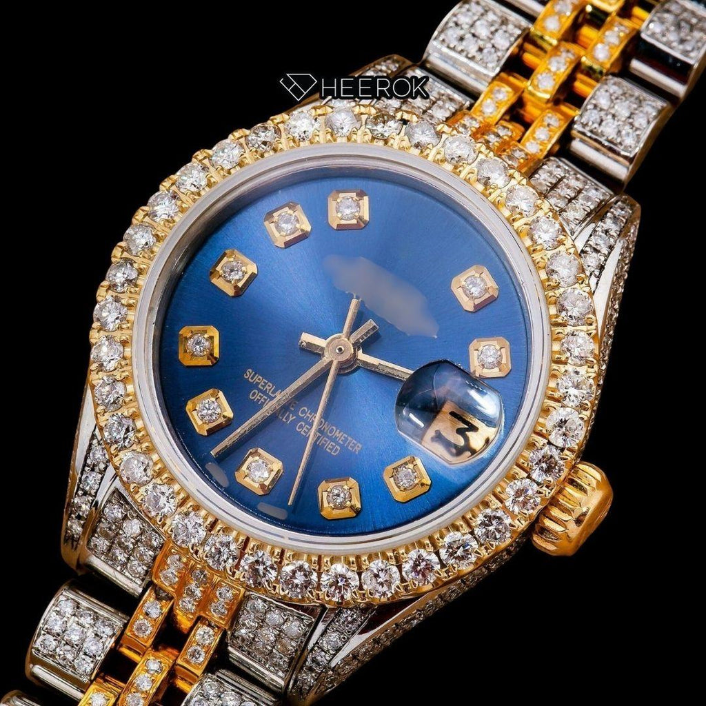 Rolex Datejust Diamond Markers Blue Dial Large Diamond Bezel Two Tone Yellow Gold Moissanite Diamond Jubilee Bracelet For Women