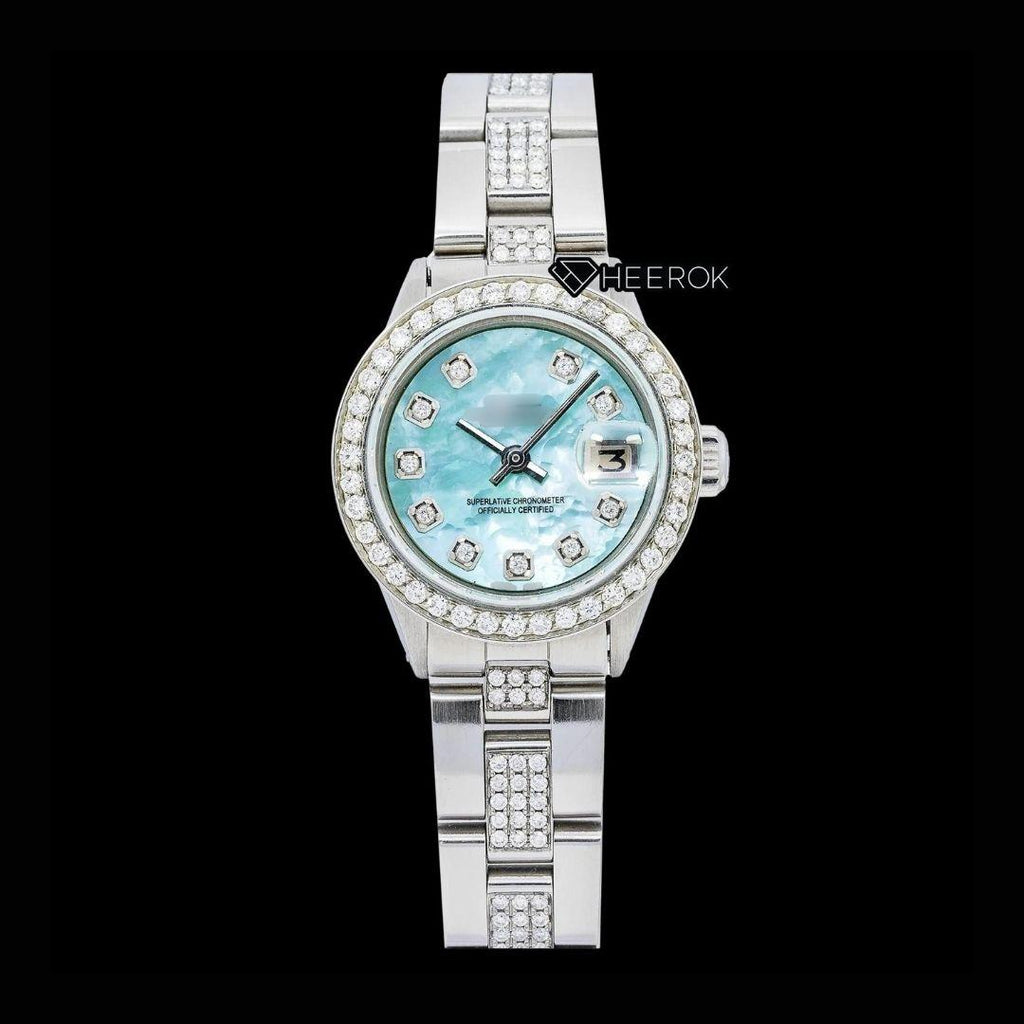 Rolex Datejust Diamond Markers Blue Mother of Pearl Dial Diamond Bezel Semi Iced Moissanite Diamond Oyster Bracelet For Women