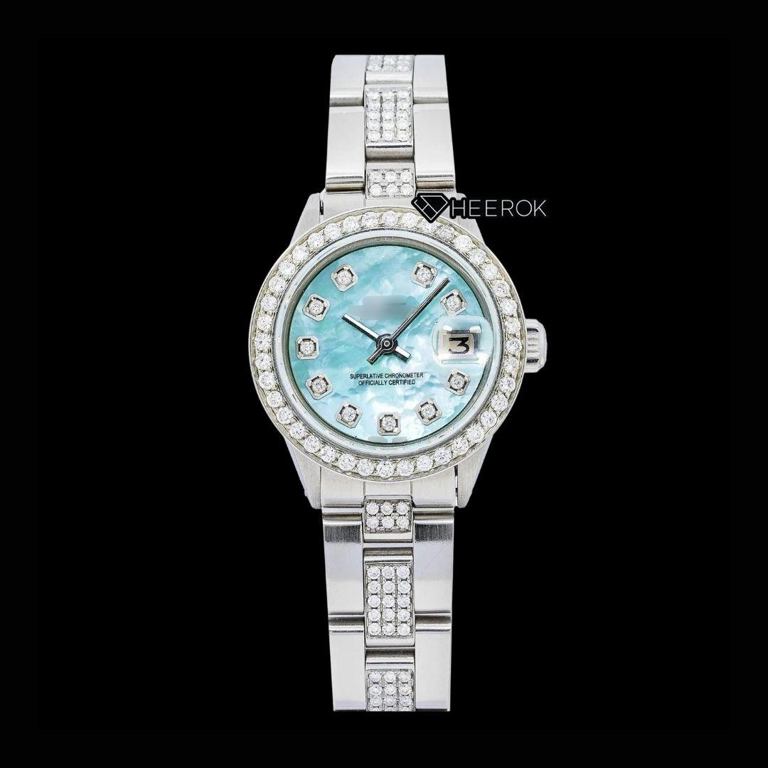Rolex Datejust Diamond Markers Blue Mother of Pearl Dial Diamond Bezel Semi Iced Moissanite Diamond Oyster Bracelet For Women