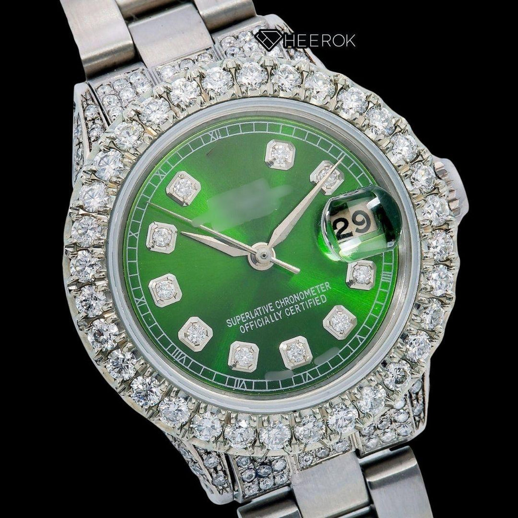 Rolex Datejust Diamond Markers Green Dial Large Diamond Bezel Semi Iced Moissanite Diamond Oyster Bracelet For Women
