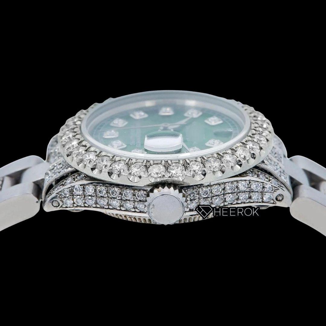Rolex Datejust Diamond Markers Green Dial Large Diamond Bezel Semi Iced Moissanite Diamond Oyster Bracelet For Women