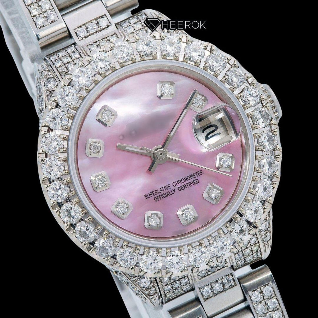 Rolex Datejust Diamond Markers Pink Mother of Pearl Dial Large Diamond Bezel Moissanite Diamond Oyster Bracelet For Women