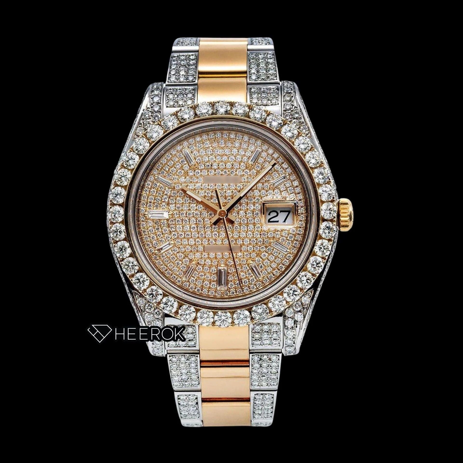 Rolex Datejust Diamond Paved Dial Baguette Diamond Markers Diamond Bezel Two Tone Yellow Gold Moissanite Diamond Oyster Bracelet Watch