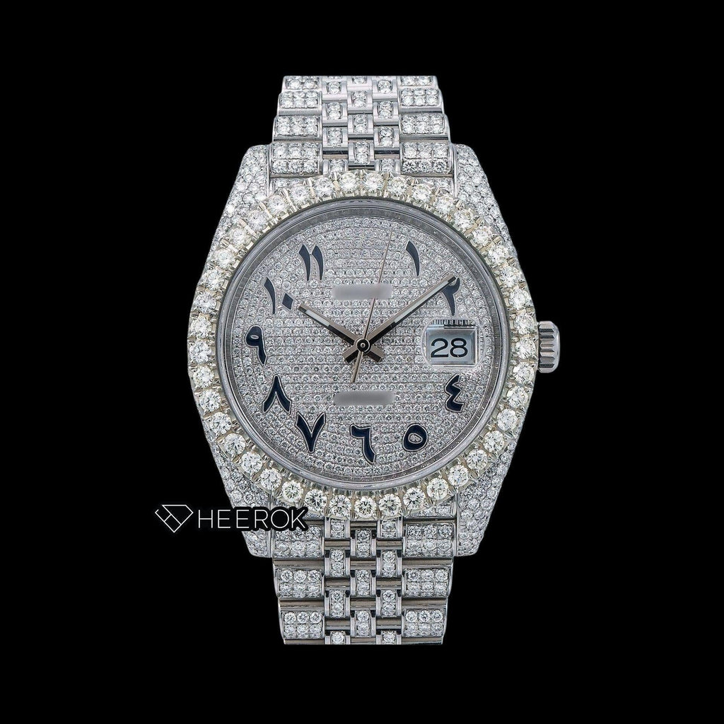 Rolex Datejust Diamond Paved Dial Black Arabic Numerals Diamond Bezel Fully Iced Moissanite Diamond Jubilee Bracelet