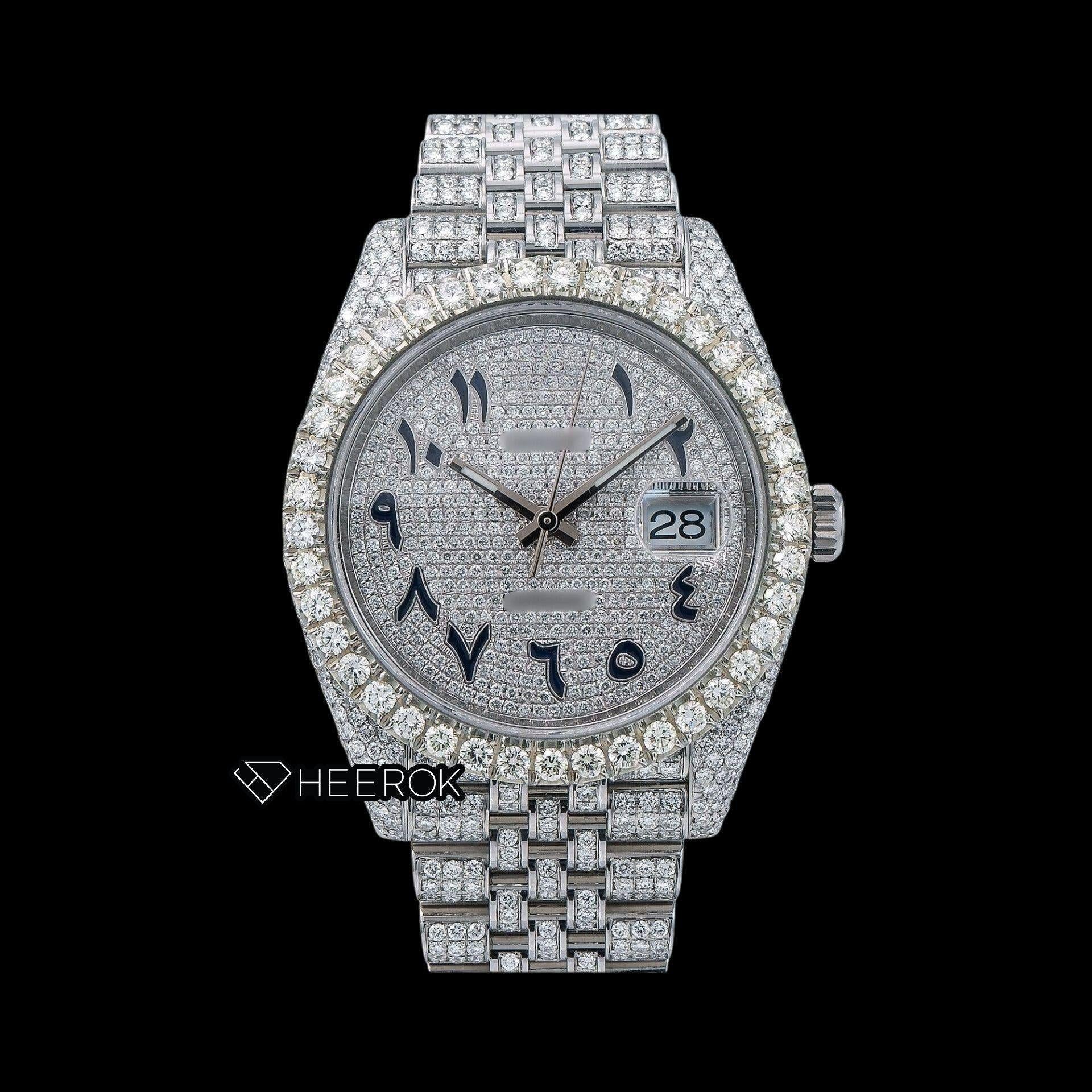 Rolex Datejust Diamond Paved Dial Black Arabic Numerals Diamond Bezel Fully Iced Moissanite Diamond Jubilee Bracelet