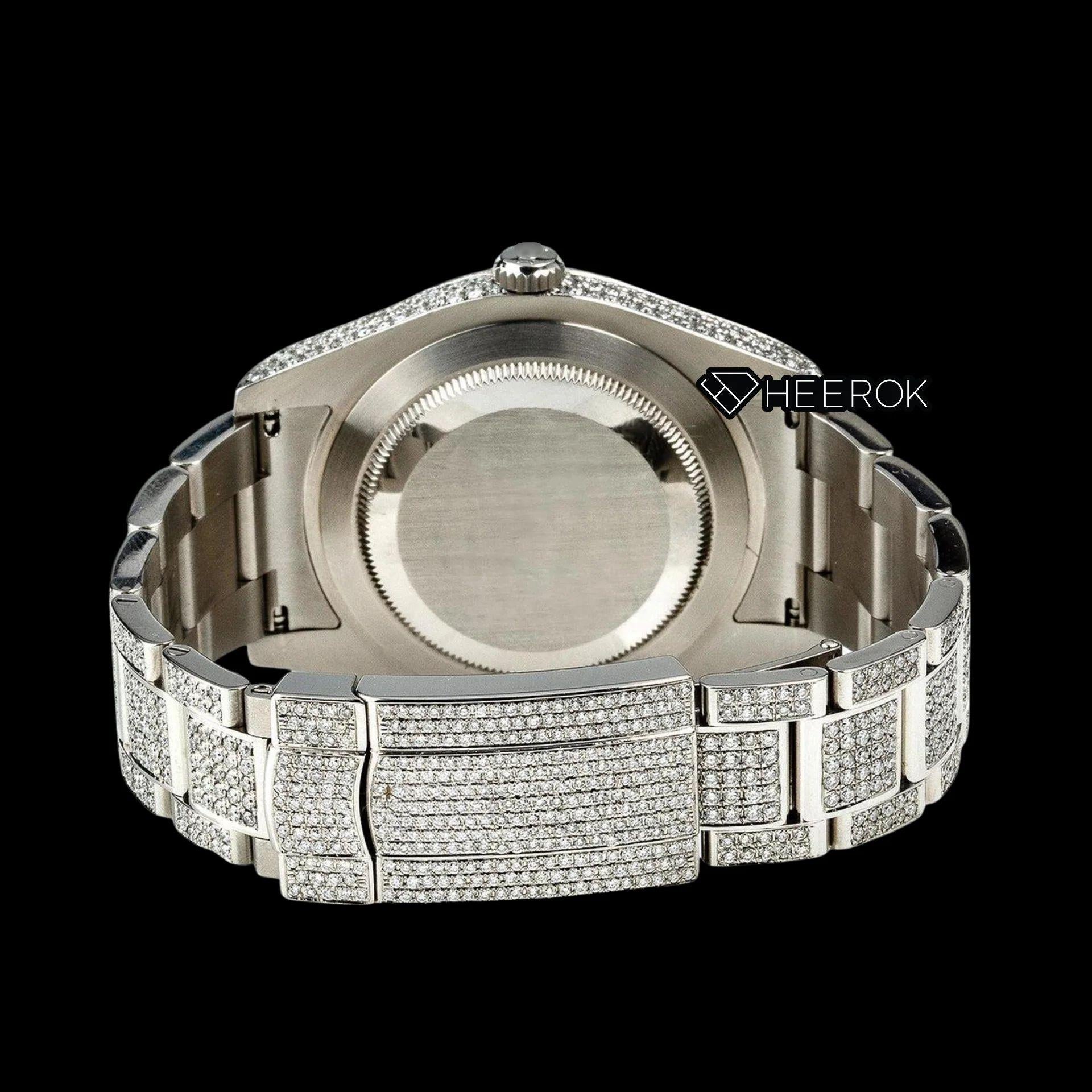 Rolex Datejust Diamond Paved Dial Blue Arabic Numerals Diamond Bezel Bust Down Moissanite Diamond Oyster Bracelet Watch