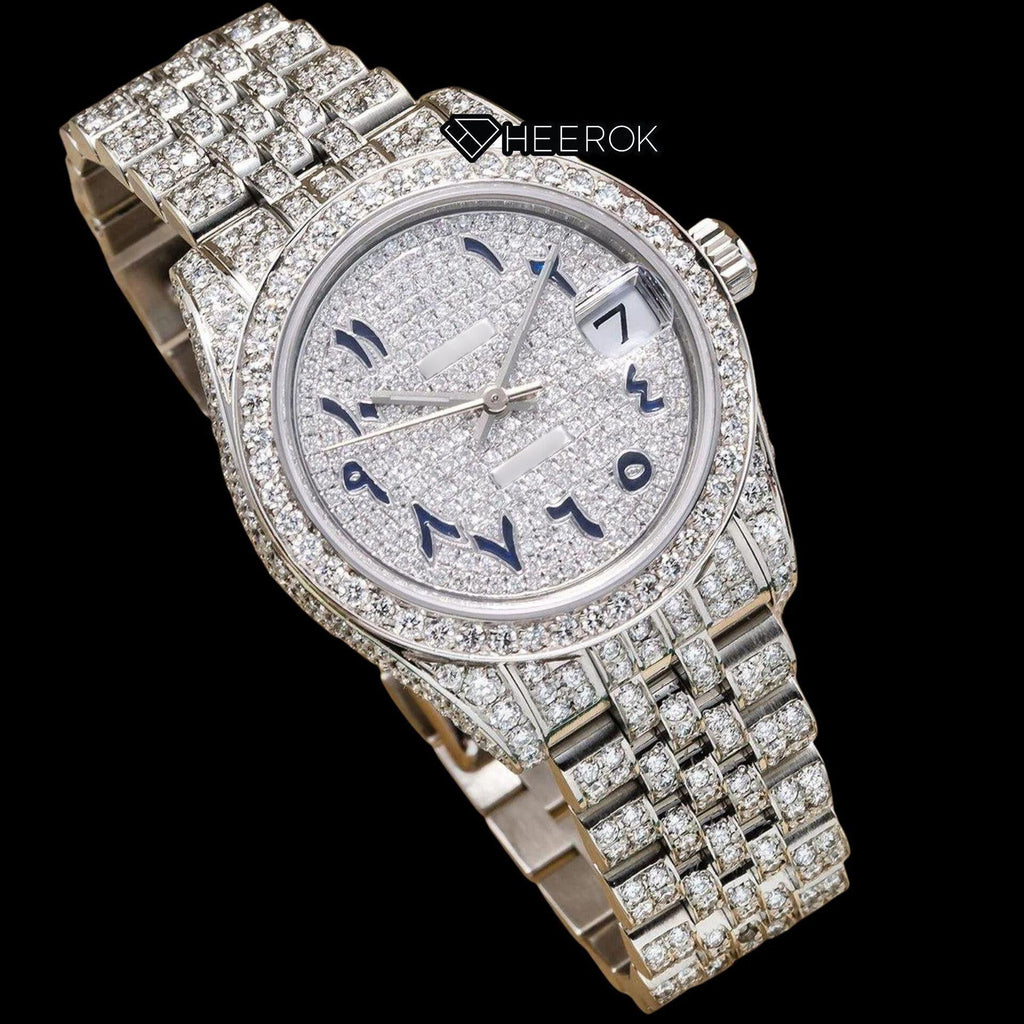 Rolex Datejust Diamond Paved Dial Blue Arabic Numerals Diamond Bezel Fully Iced Moissanite Diamond Jubilee Bracelet For Women