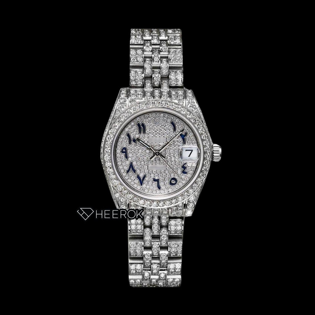 Rolex Datejust Diamond Paved Dial Blue Arabic Numerals Diamond Bezel Fully Iced Moissanite Diamond Jubilee Bracelet For Women