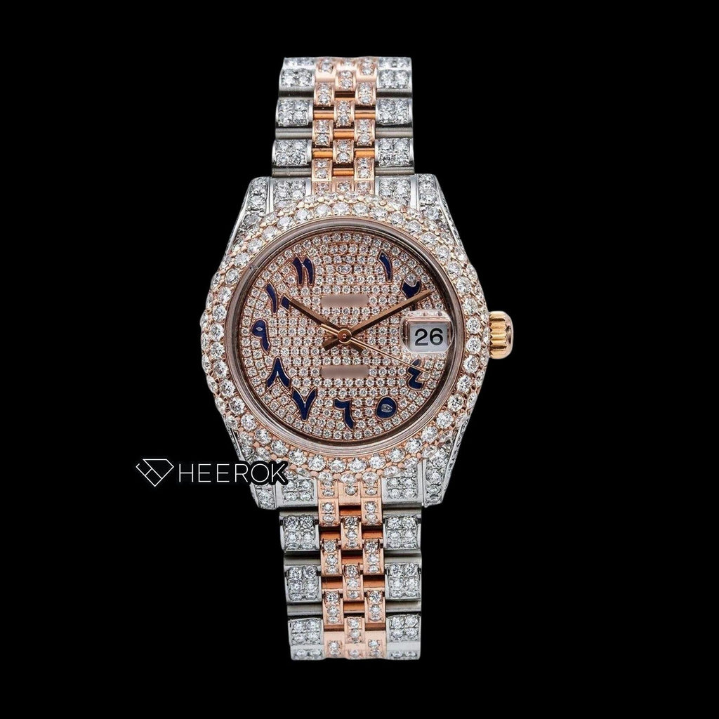 Rolex Datejust Diamond Paved Dial Blue Arabic Numerals Diamond Bezel Two Tone Rose Gold Fully Iced Moissanite Diamond Jubilee Bracelet For Women