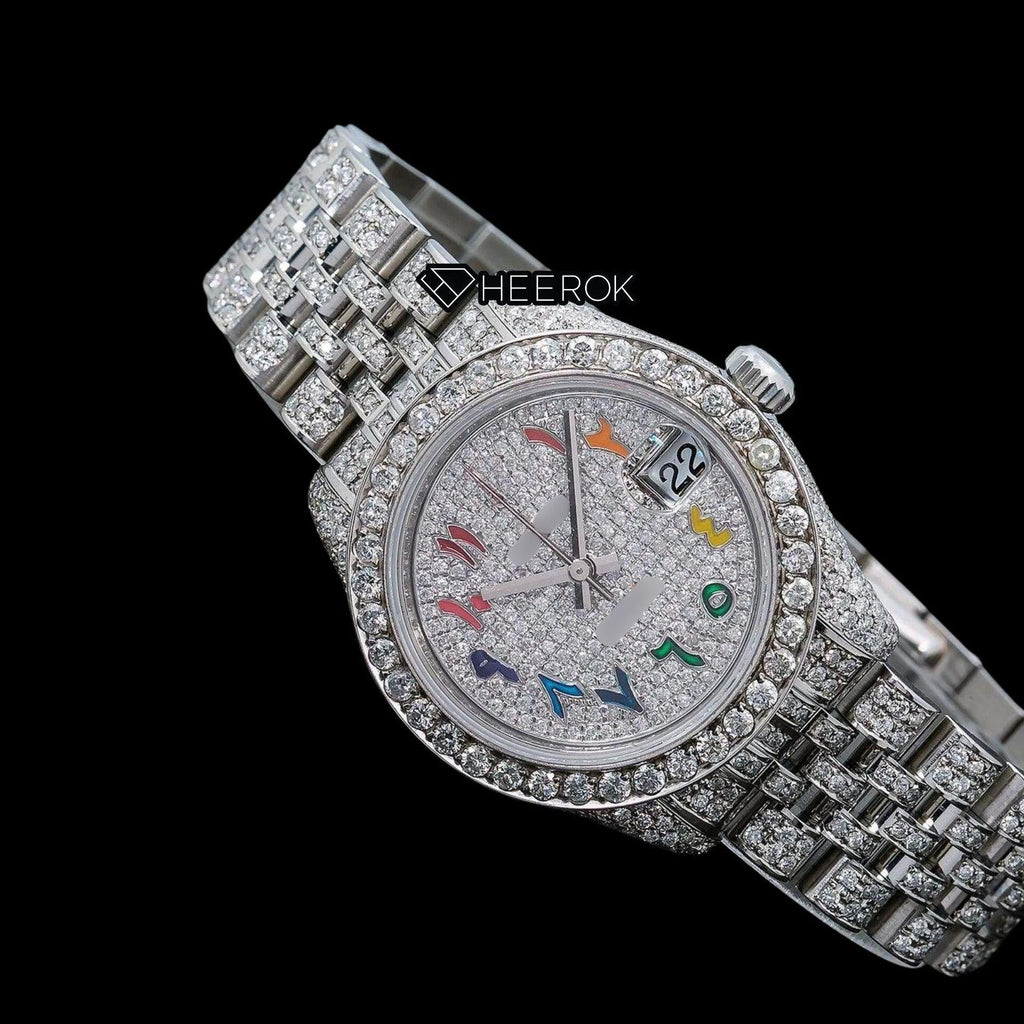 Rolex Datejust Diamond Paved Dial Multicolor Arabic Numerals Diamond Bezel Moissanite Diamond Jubilee Bracelet For Women