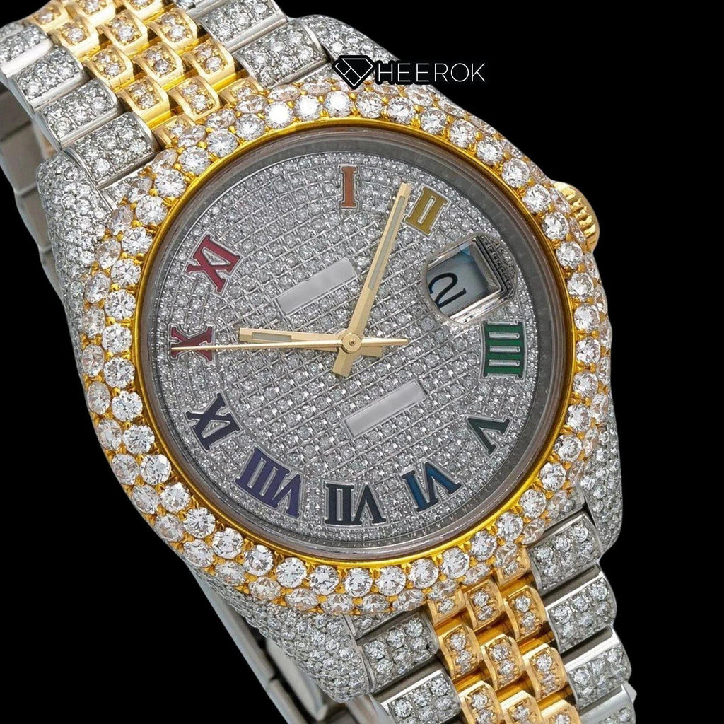 Rolex Datejust Diamond Paved Dial Multicolor Roman Numerals Diamond Bezel Two Tone Yellow Gold Bust Down Moissanite Diamond Jubilee Bracelet
