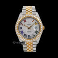 Rolex Datejust Diamond Paved Dial Multicolor Roman Numerals Diamond Bezel Two Tone Yellow Gold Bust Down Moissanite Diamond Jubilee Bracelet
