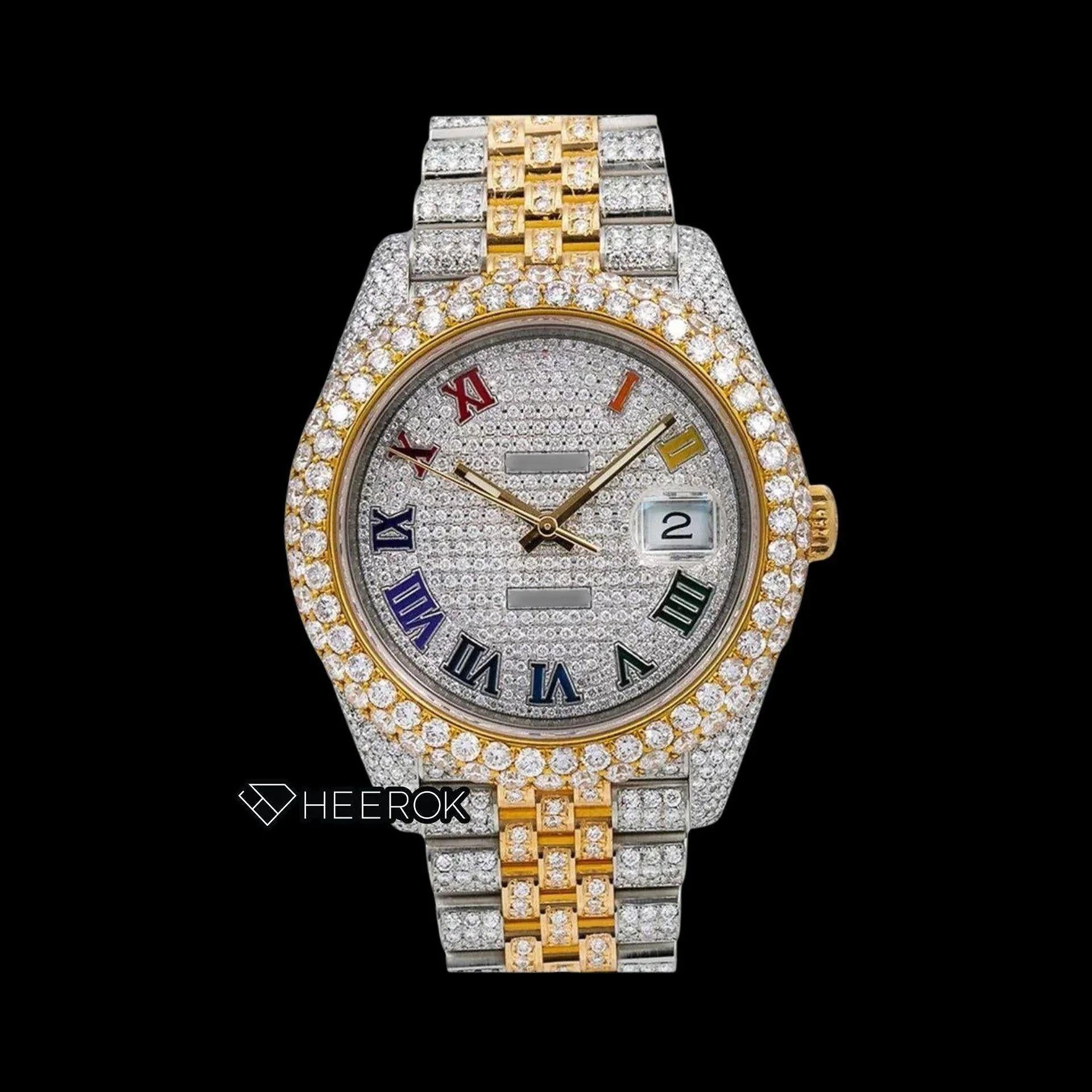 Rolex Datejust Diamond Paved Dial Multicolor Roman Numerals Diamond Bezel Two Tone Yellow Gold Bust Down Moissanite Diamond Jubilee Bracelet