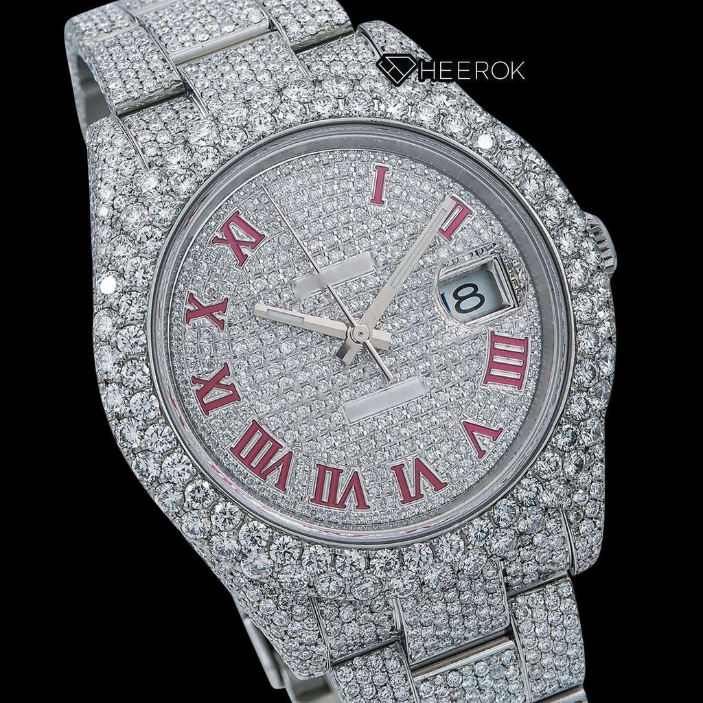 Rolex Datejust Diamond Paved Dial Pink Roman Numerals Diamond Bezel Fully Iced Moissanite Diamond Oyster Bracelet Watch