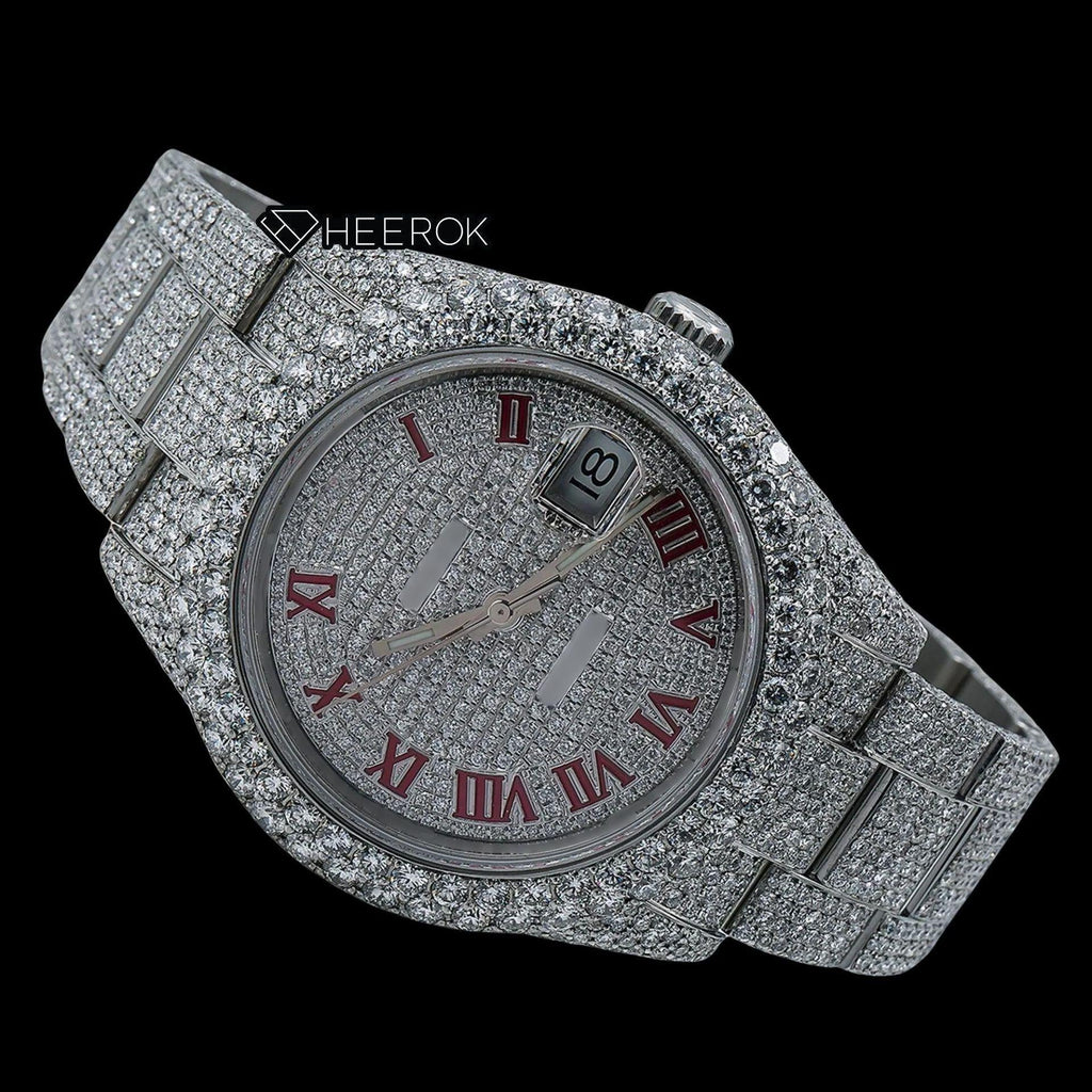 Rolex Datejust Diamond Paved Dial Pink Roman Numerals Diamond Bezel Fully Iced Moissanite Diamond Oyster Bracelet Watch